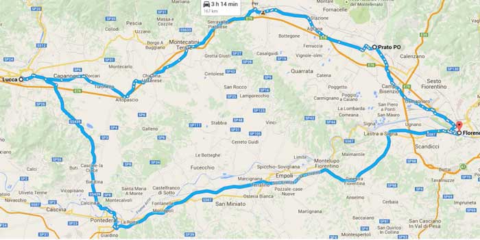 Map of route for Fabric of Lucca excursion